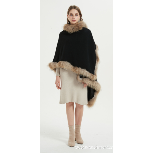 Oversized Pure Cashmere Ladies Poncho With Fur